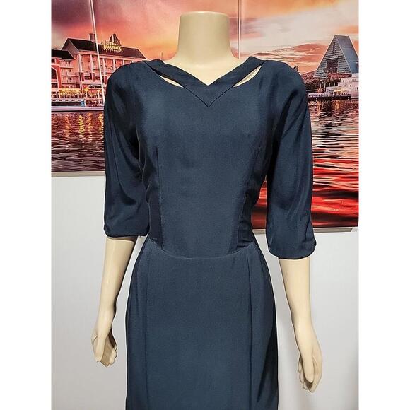 BUCHHOLZ NY Vintage Navy Blue Women's Dress Rare Neckline Size M ? #C - Picture 2 of 10